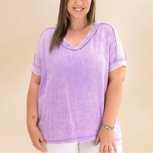 Zenana Acid Washed Double Gauze Lavender Purple Short Sleeve Shirt 1X